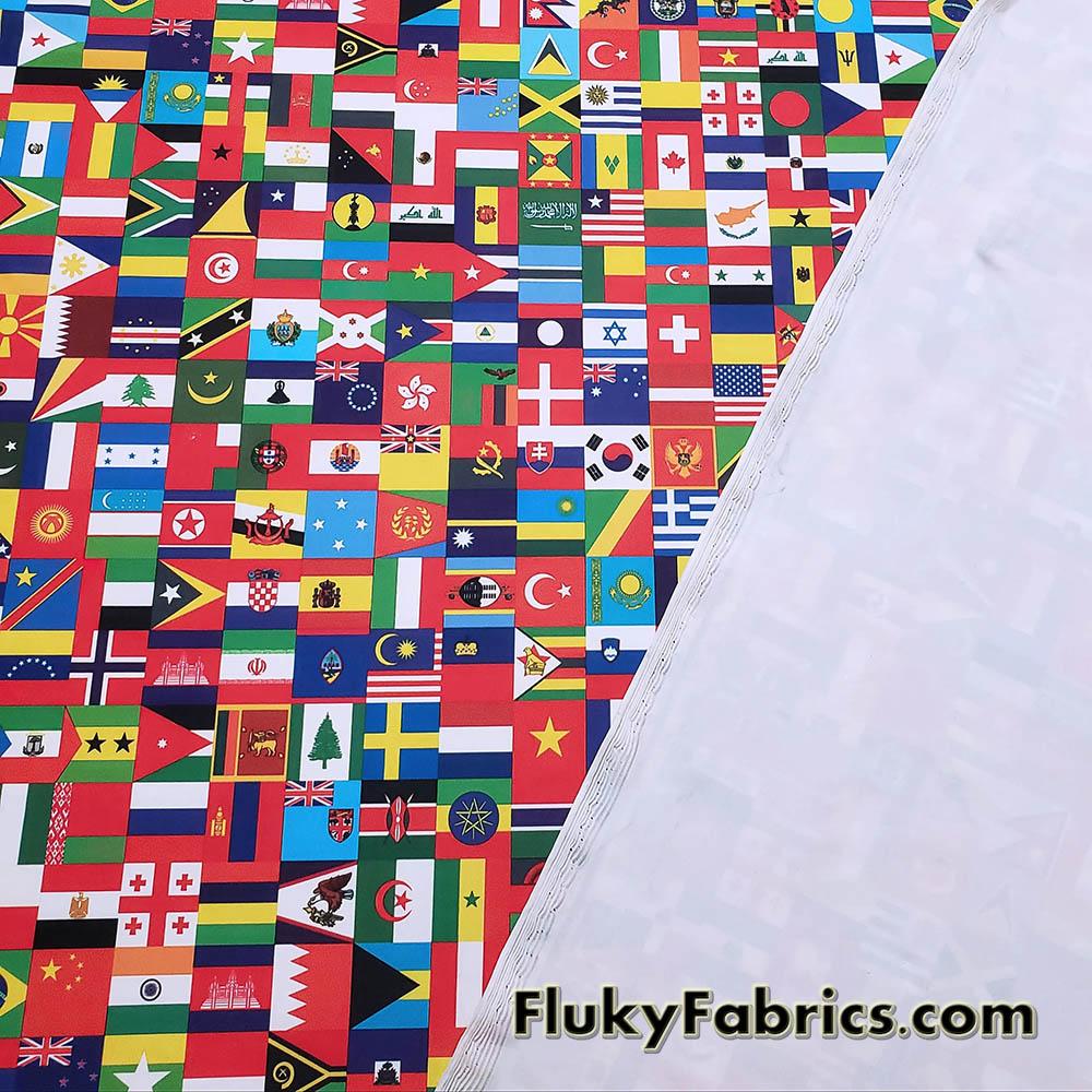 Flags of the World Print – 4-Way Stretch White Nylon Spandex Fabric