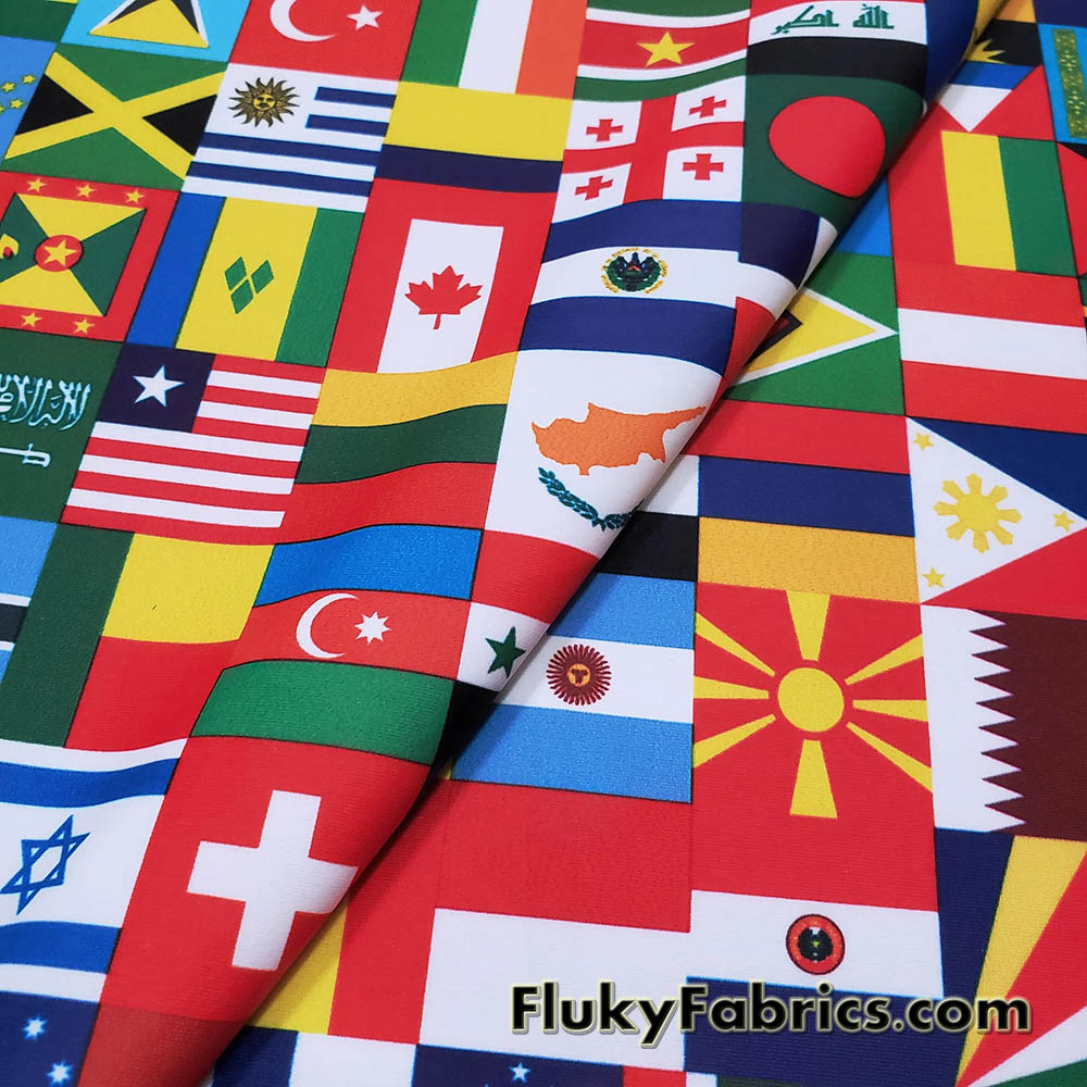 Flags of the World Print – 4-Way Stretch White Nylon Spandex Fabric
