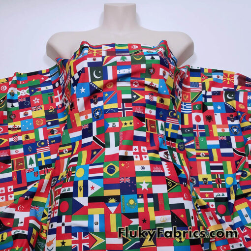 Flags of the World Print – 4-Way Stretch White Nylon Spandex Fabric