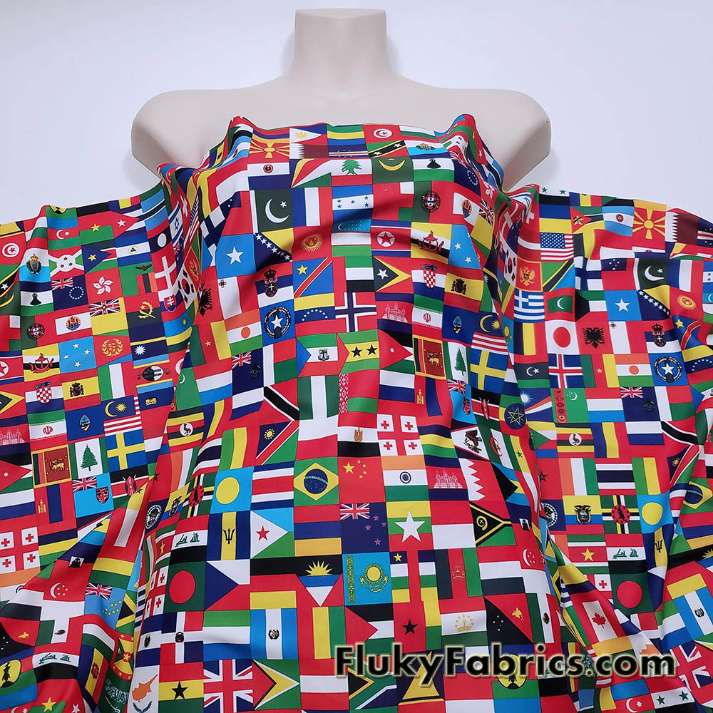 Flags of the World Print – 4-Way Stretch White Nylon Spandex Fabric