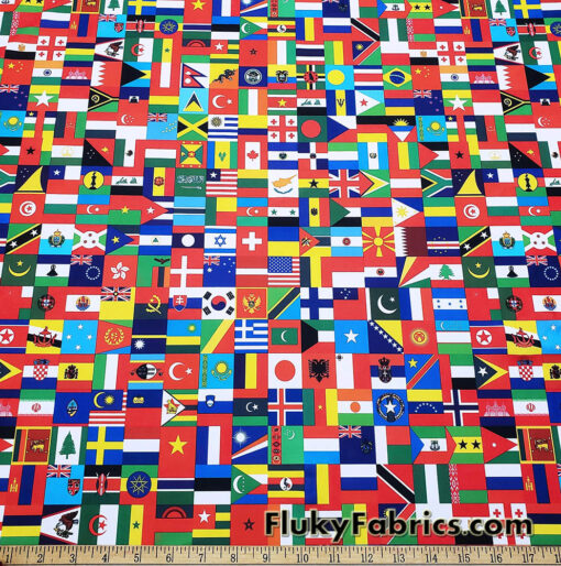 Flags of the World Print – 4-Way Stretch White Nylon Spandex Fabric