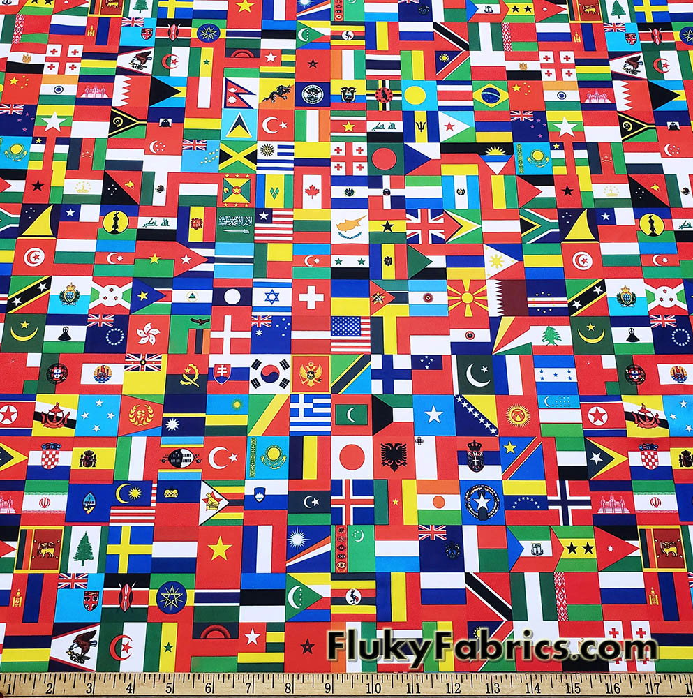 Flags of the World Print – 4-Way Stretch White Nylon Spandex Fabric