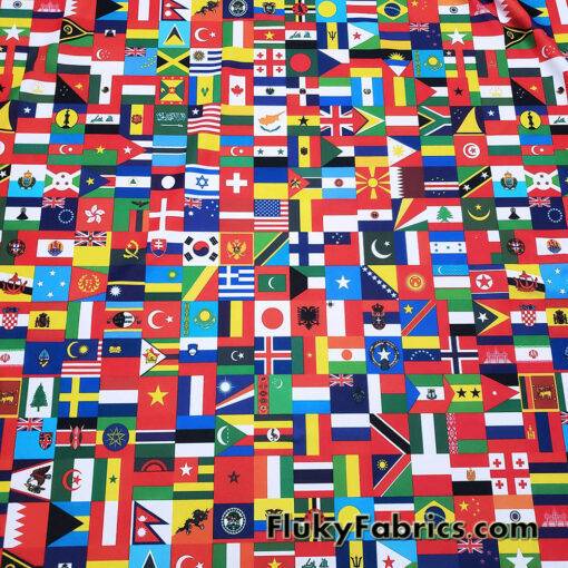 Flags of the World Print – 4-Way Stretch White Nylon Spandex Fabric