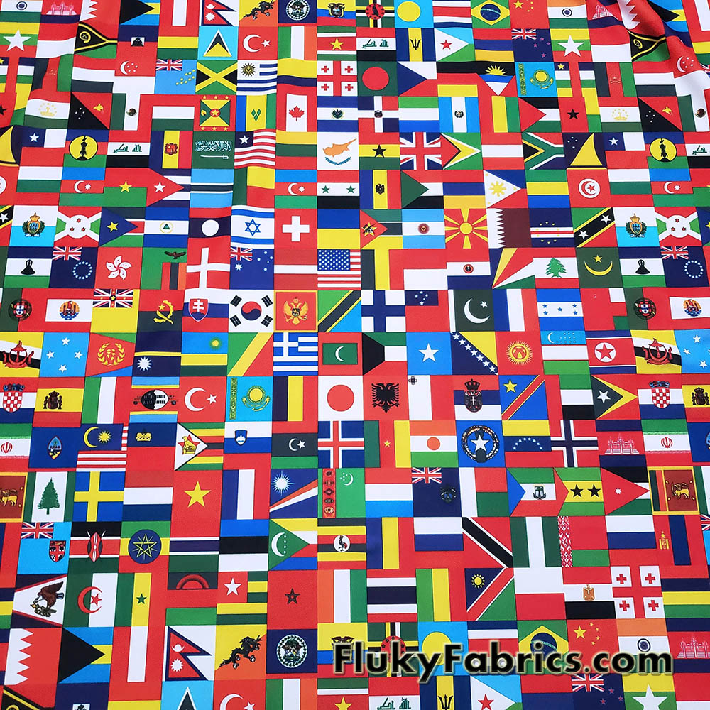 Flags of the World Print – 4-Way Stretch White Nylon Spandex Fabric