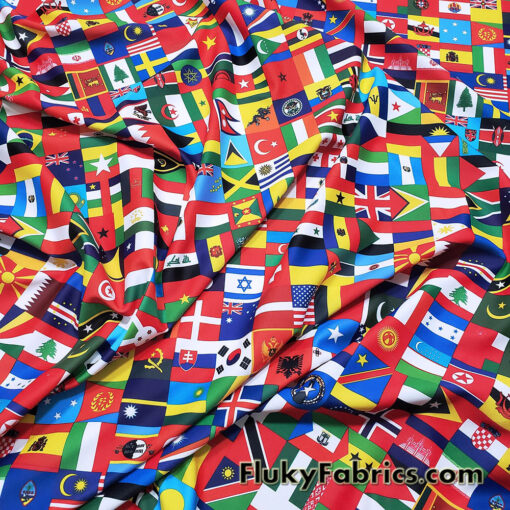 Flags of the World Print – 4-Way Stretch White Nylon Spandex Fabric