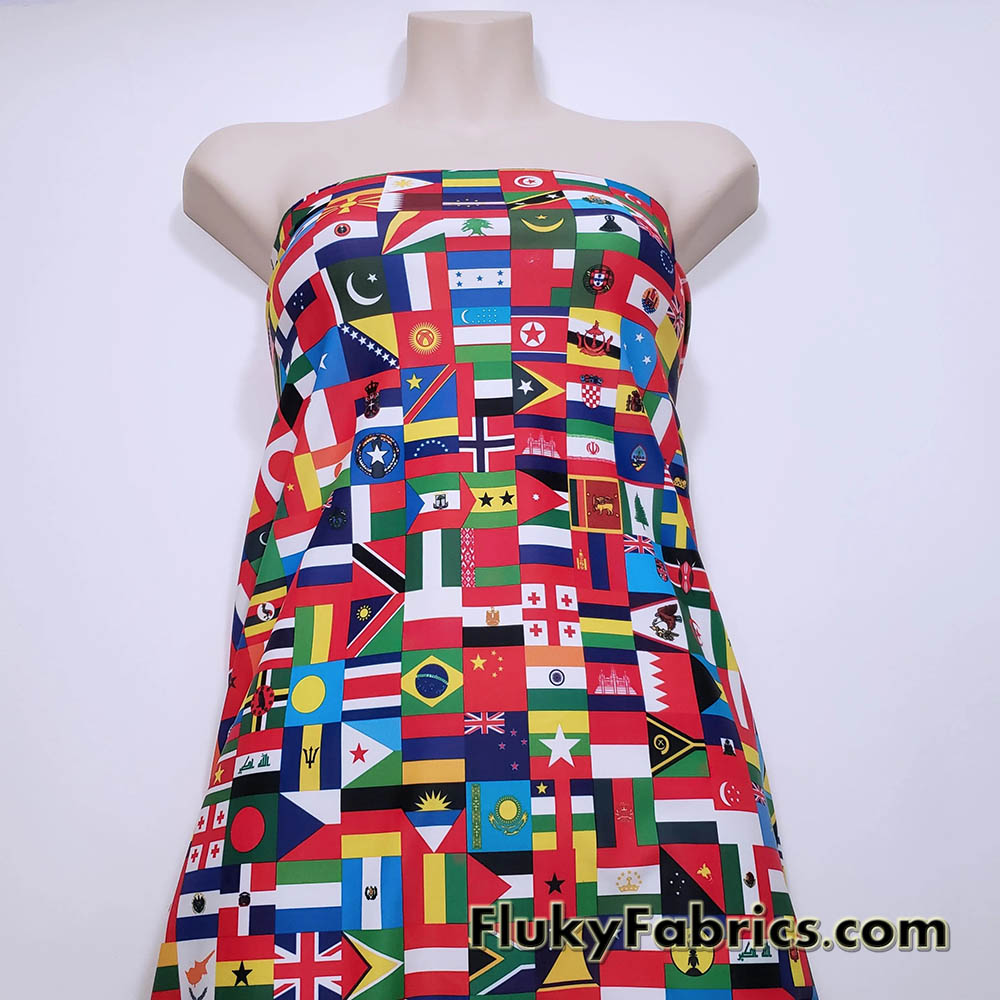 Flags of the World Print – 4-Way Stretch White Nylon Spandex Fabric