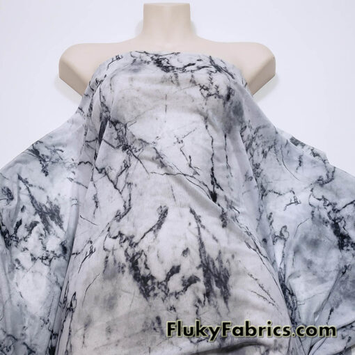 Marble Print Power Mesh White Gray Black 4-Way Stretch Sheer Spandex Fabric