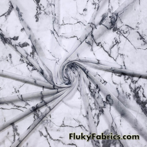 Marble Print Power Mesh White Gray Black 4-Way Stretch Sheer Spandex Fabric
