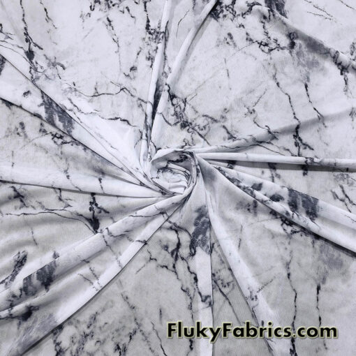 Marble Print Power Mesh White Gray Black 4-Way Stretch Sheer Spandex Fabric