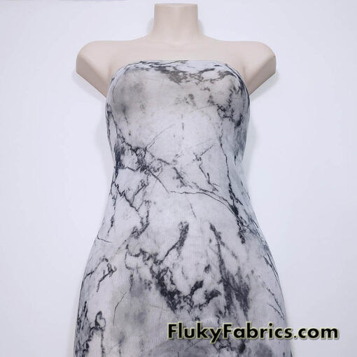 Marble Print Power Mesh White Gray Black 4-Way Stretch Sheer Spandex Fabric