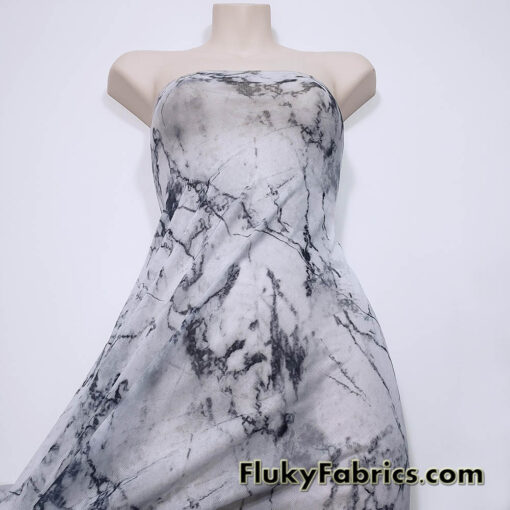 Marble Print Power Mesh White Gray Black 4-Way Stretch Sheer Spandex Fabric