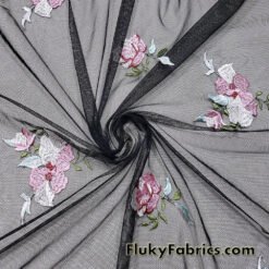 Embroidered Orchids Mesh Fabric – 2-Way Stretch Black Sheer Poly Spandex @flukyfabrics
