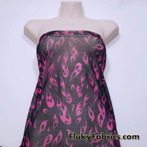 Hot Pink Flame Print Power Mesh Fabric 4-Way Stretch Nylon Spandex