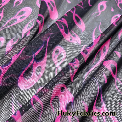 Hot Pink Flame Print Power Mesh Fabric 4-Way Stretch Nylon Spandex