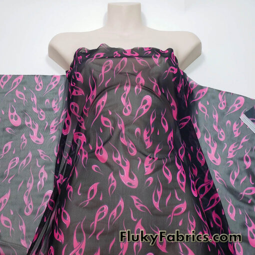 Hot Pink Flame Print Power Mesh Fabric 4-Way Stretch Nylon Spandex