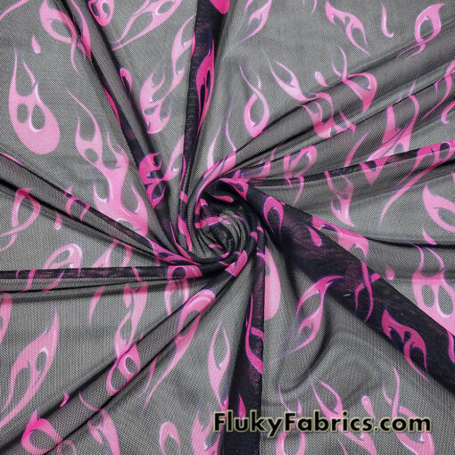 Hot Pink Flame Print Power Mesh Fabric 4-Way Stretch Nylon Spandex
