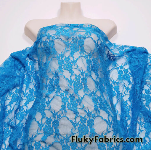 Azure Blue 4-Way Stretch Lace Fabric – Lightweight and Sheer