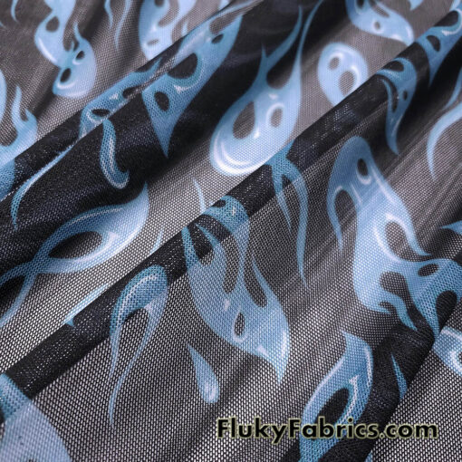 Blue Flame Print Power Mesh Fabric 4-Way Stretch Nylon Spandex