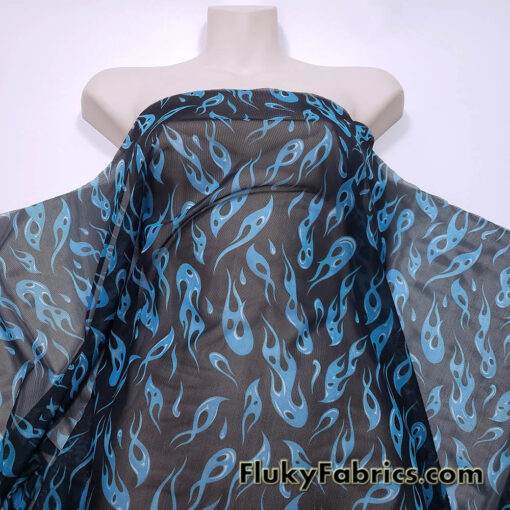 Blue Flame Print Power Mesh Fabric 4-Way Stretch Nylon Spandex