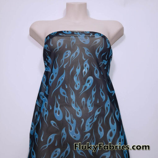 Blue Flame Print Power Mesh Fabric 4-Way Stretch Nylon Spandex