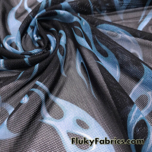 Blue Flame Print Power Mesh Fabric 4-Way Stretch Nylon Spandex