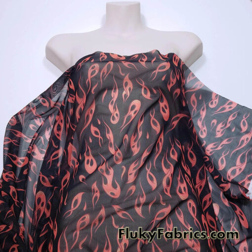 Orange Flame Print Power Mesh Fabric 4-Way Stretch Nylon Spandex