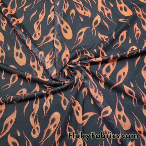 Orange Flame Print Power Mesh Fabric 4-Way Stretch Nylon Spandex
