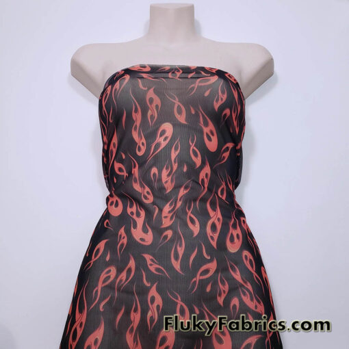Orange Flame Print Power Mesh Fabric 4-Way Stretch Nylon Spandex