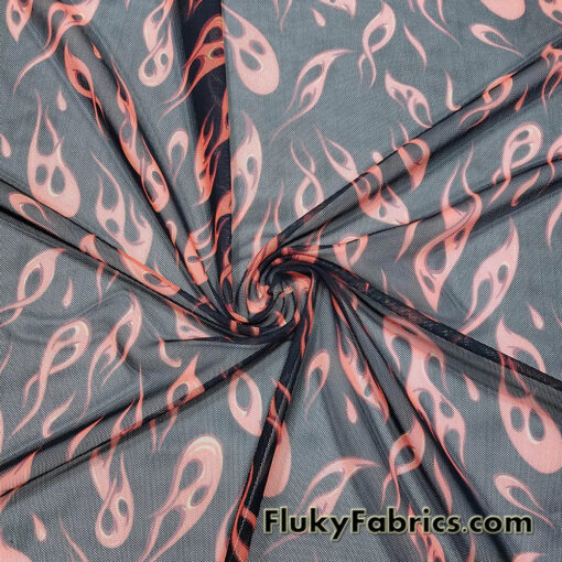 Orange Flame Print Power Mesh Fabric 4-Way Stretch Nylon Spandex