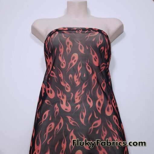 Orange Flame Print Power Mesh Fabric 4-Way Stretch Nylon Spandex