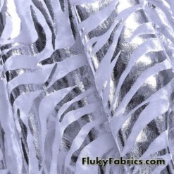 Zebra/Tiger Silver Metallic Foil on White Crushed Velvet Fabric