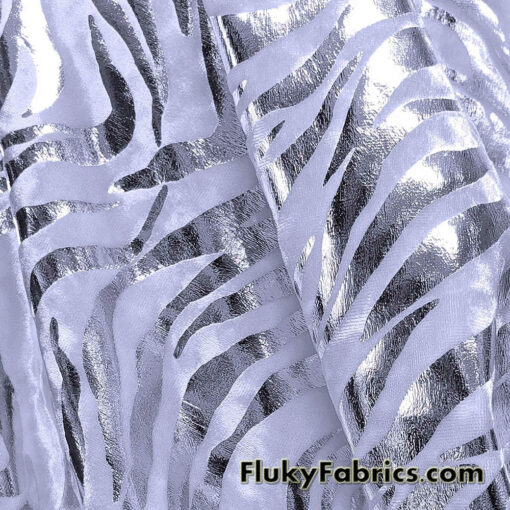 Zebra/Tiger Silver Metallic Foil on White Crushed Velvet Fabric