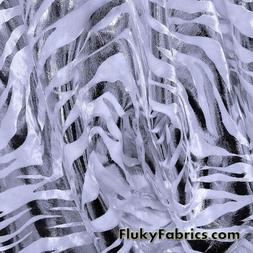 Zebra/Tiger Silver Metallic Foil on White Crushed Velvet Fabric