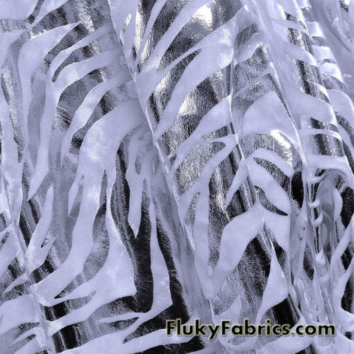 Zebra/Tiger Silver Metallic Foil on White Crushed Velvet Fabric