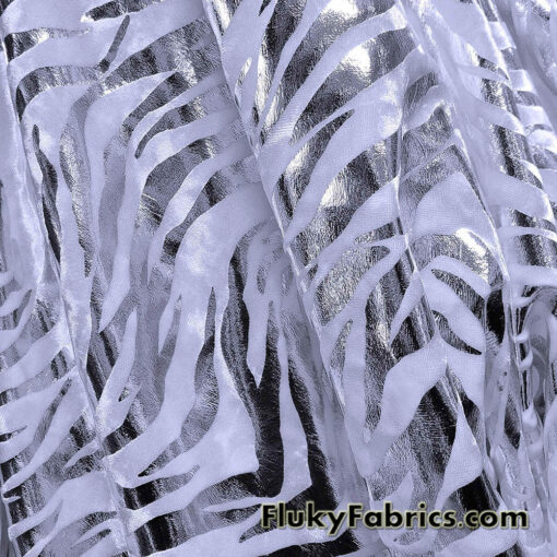 Zebra/Tiger Silver Metallic Foil on White Crushed Velvet Fabric