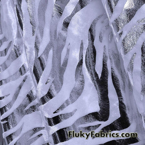 Zebra/Tiger Silver Metallic Foil on White Crushed Velvet Fabric