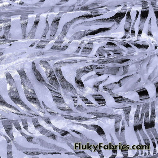 Zebra/Tiger Silver Metallic Foil on White Crushed Velvet Fabric