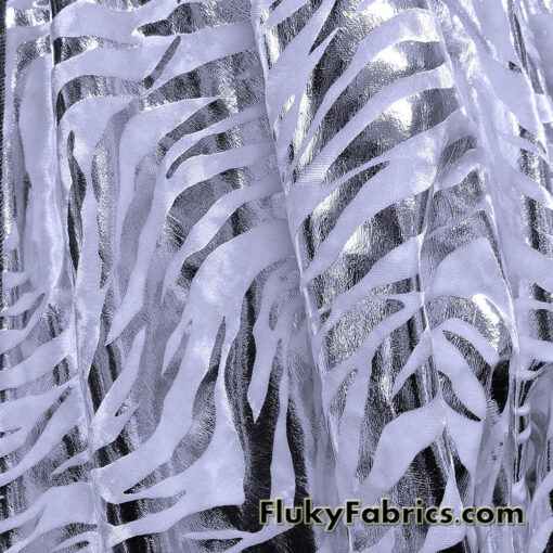 Zebra/Tiger Silver Metallic Foil on White Crushed Velvet Fabric
