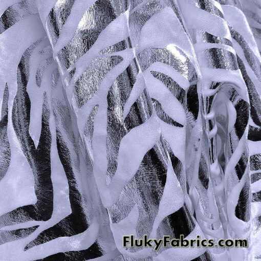 Zebra/Tiger Silver Metallic Foil on White Crushed Velvet Fabric
