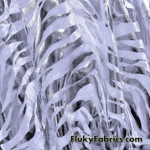 Zebra/Tiger Silver Metallic Foil on White Crushed Velvet Fabric