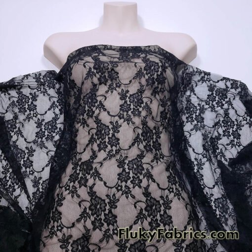 Black 4-Way Stretch Lace Fabric – Lightweight and Sheer