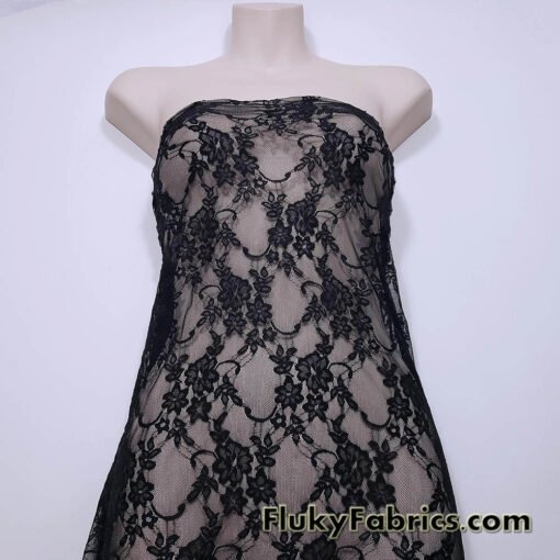 Black 4-Way Stretch Lace Fabric – Lightweight and Sheer