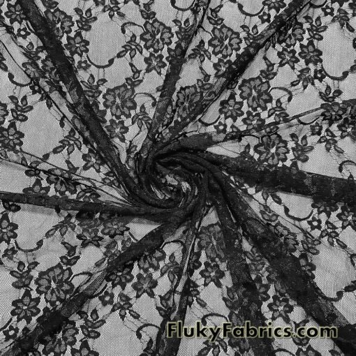 Black 4-Way Stretch Lace Fabric – Lightweight and Sheer