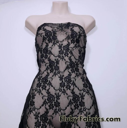 Black 4-Way Stretch Lace Fabric – Lightweight and Sheer