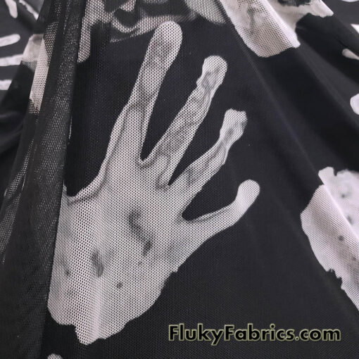 Gray Handprint Power Mesh Fabric – Black Sheer 4-Way Stretch Nylon Spandex