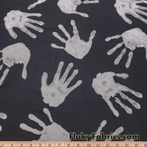 Gray Handprint Power Mesh Fabric – Black Sheer 4-Way Stretch Nylon Spandex