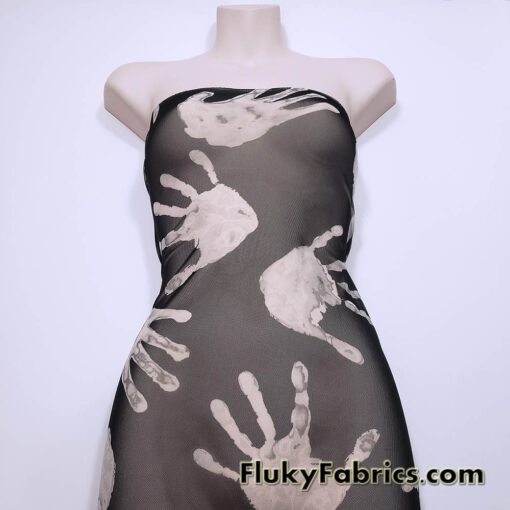Gray Handprint Power Mesh Fabric – Black Sheer 4-Way Stretch Nylon Spandex
