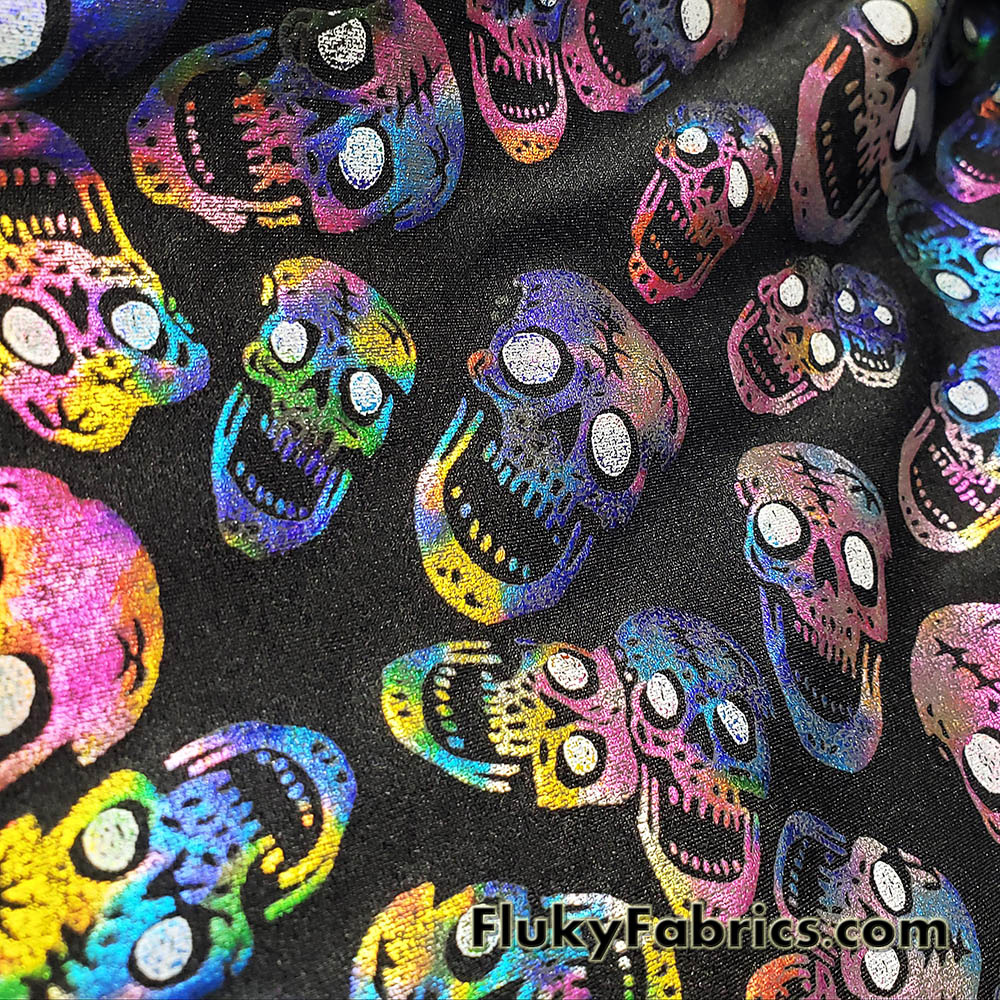 Rainbow Metallic Foil Tossed Skulls Print on Black 4-Way Stretch Spandex Fabric