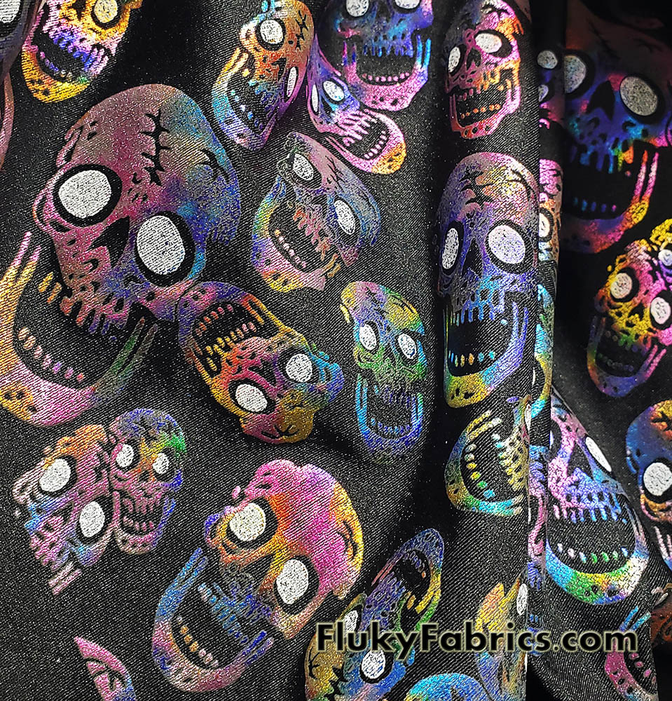 Rainbow Metallic Foil Tossed Skulls Print on Black 4-Way Stretch Spandex Fabric