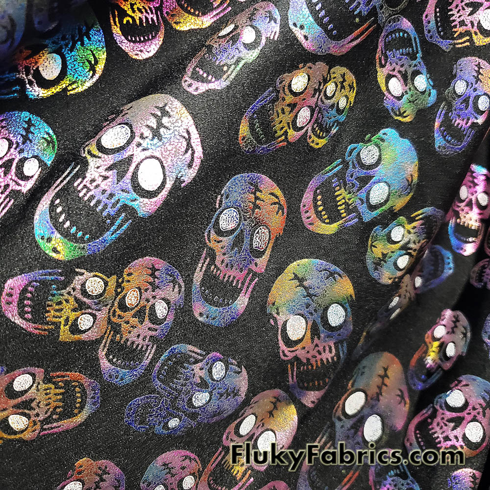 Rainbow Metallic Foil Tossed Skulls Print on Black 4-Way Stretch Spandex Fabric